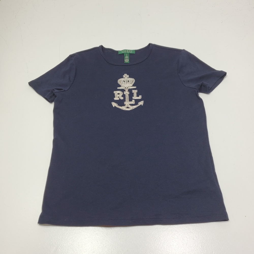 LRL Ralph Lauren Shirt Womens Sz Medium Lauren Navy Short Sleeve Top Tee Casual